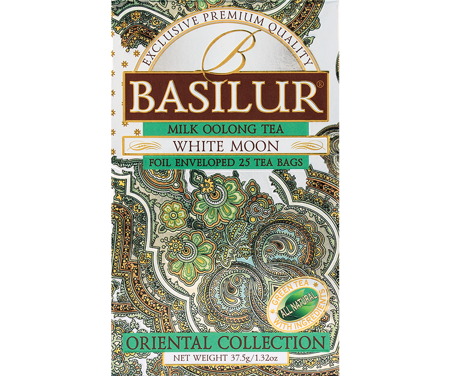  Basilur White Moon - torebka z zieloną herbatą z dodatkiem herbaty Milk Oolong i aromatu mleka. Ozdobna, biała koperta z orientalnym motywem.