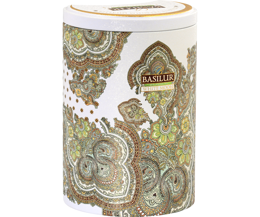 Basilur White Moon - zielona herbata z herbatą Milk Oolong i aromatem mleka w białej puszce z orientalnym motywem