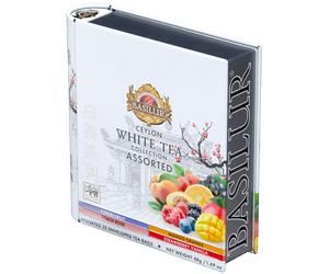 Basilur White Tea Assorted – zestaw 4 smaków białej herbaty cejlońskiej z naturalnymi, owocowymi dodatkami. Prezentowa puszka w kształcie książki.