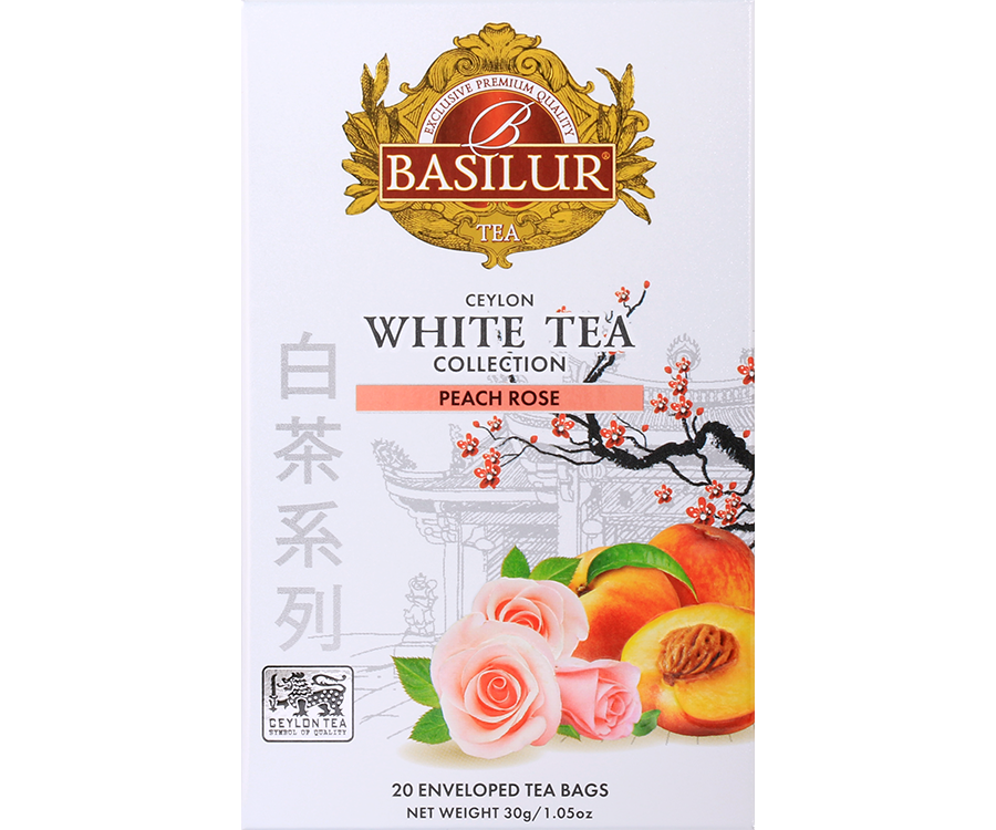 Basilur White Tea Peach Rose - biała herbata z różą i brzoskwinią w ozdobnym, białym pudełku z logo Basilur.