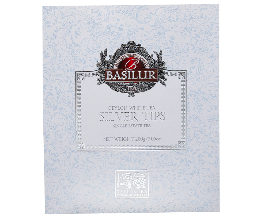 Basilur White Tea Silver Tips – ręcznie zbierane liście białej herbaty cejlońskiej Silver Tips zamknięte w drewnianej skrzynce.