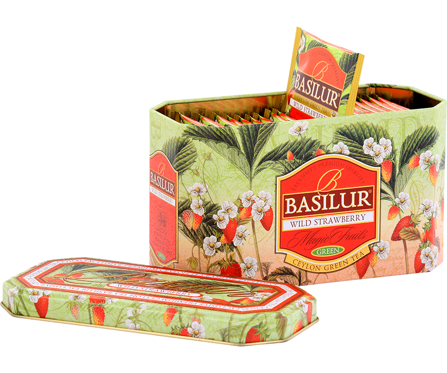Basilur Wild Strawberry - zielona herbata cejlońska z dodatkiem naturalnego aromatu poziomki. Ozdobna puszka z kwiatowo-owocowym motywem.