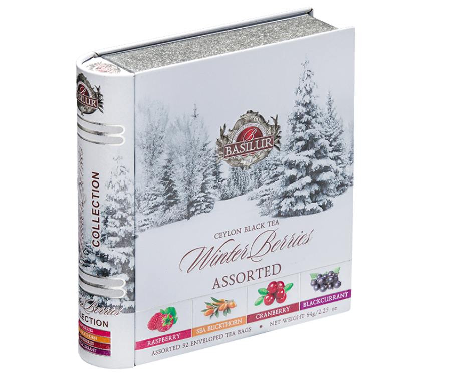 Basilur Winter Berries Assorted – zestaw 4 smaków herbat zimowych z dodatkiem maliny, rokitnika, żurawiny i czarnej porzeczki. Prezentowa puszka w kształcie książki.