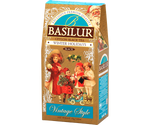 Basilur Winter Holidays - czarna herbata cejlońska z dodatkiem jabłka, krokoszu barwierskiego oraz aromatu imbiru i wanilii. Brązowe pudełko ze świątecznym motywem.
