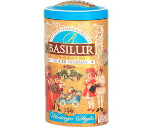 Basilur Winter Holidays - czarna herbata cejlońska z dodatkiem wiśni, skórki pomarańczy, kwiatów pomarańczy oraz aromatem truskawek i wanilii Ozdobna puszka ze świątecznym motywem.