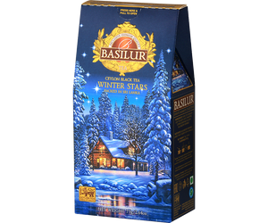 Basilur Winter Stars - czarna herbata cejlońska z dodatkiem ananasa, chabru oraz aromatu jeżyn i wanilii. Ozdobne opakowanie z zimowym motywem.