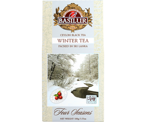 Basilur Winter Tea - czarna herbata cejlońska z dodatkiem owoców żurawiny oraz aromatu żurawiny. Szare pudełko z zimowym motywem.
