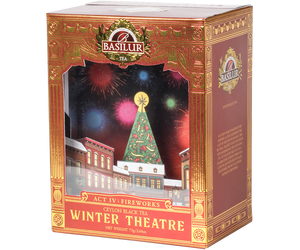 Basilur Act IV Fireworks - czarna herbata cejlońska Orange Pekoe z dodatkiem cynamonu, nagietka oraz aromatem szarlotki. Ozdobne opakowanie 3D z motywem świątecznym.