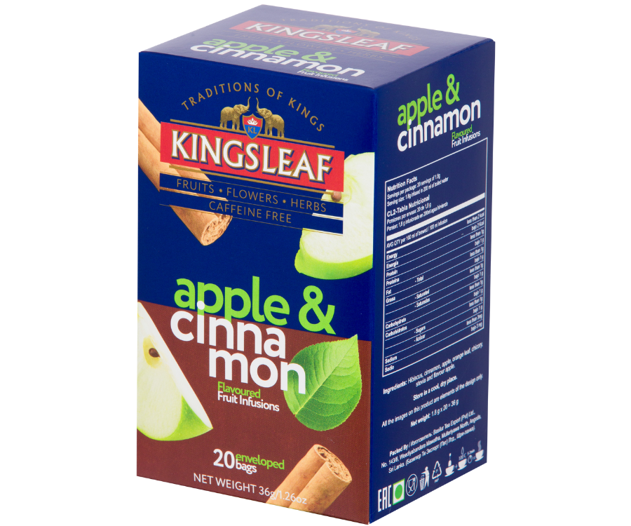 Kingsleaf Apple & Cinnamon – bezkofeinowa herbata z dodatkiem hibiskusa, cynamonu, jabłka, pomarańczy, cykorii, stewii oraz aromatu jabłkowego. Ozdobne pudełko skrywa w swoim wnętrzu 20 torebek zapakowanych pojedynczo w koperty.