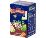 Kingsleaf Apple & Cinnamon – bezkofeinowa herbata z dodatkiem hibiskusa, cynamonu, jabłka, pomarańczy, cykorii, stewii oraz aromatu jabłkowego. Ozdobne pudełko skrywa w swoim wnętrzu 20 torebek zapakowanych pojedynczo w koperty.