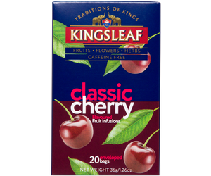Kingsleaf Classic Cherry – bezkofeinowa herbata z dodatkiem hibiskusa, jabłka, stewii, pomarańczy, cykorii, mięty pieprzowej oraz naturalnego aromatu wiśniowego. Ozdobne pudełko skrywa w swoim wnętrzu 20 torebek zapakowanych pojedynczo w koperty.