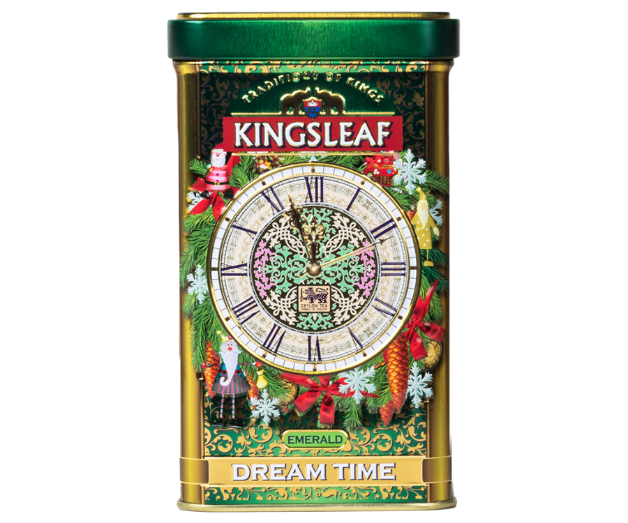 Kingsleaf Dream Time Emerald – zielona herbata cejlońska z dodatkiem naturalnego aromatu marokańskiej mięty. Kompozycja została umieszczona w zdobionej motywem świątecznym puszce.