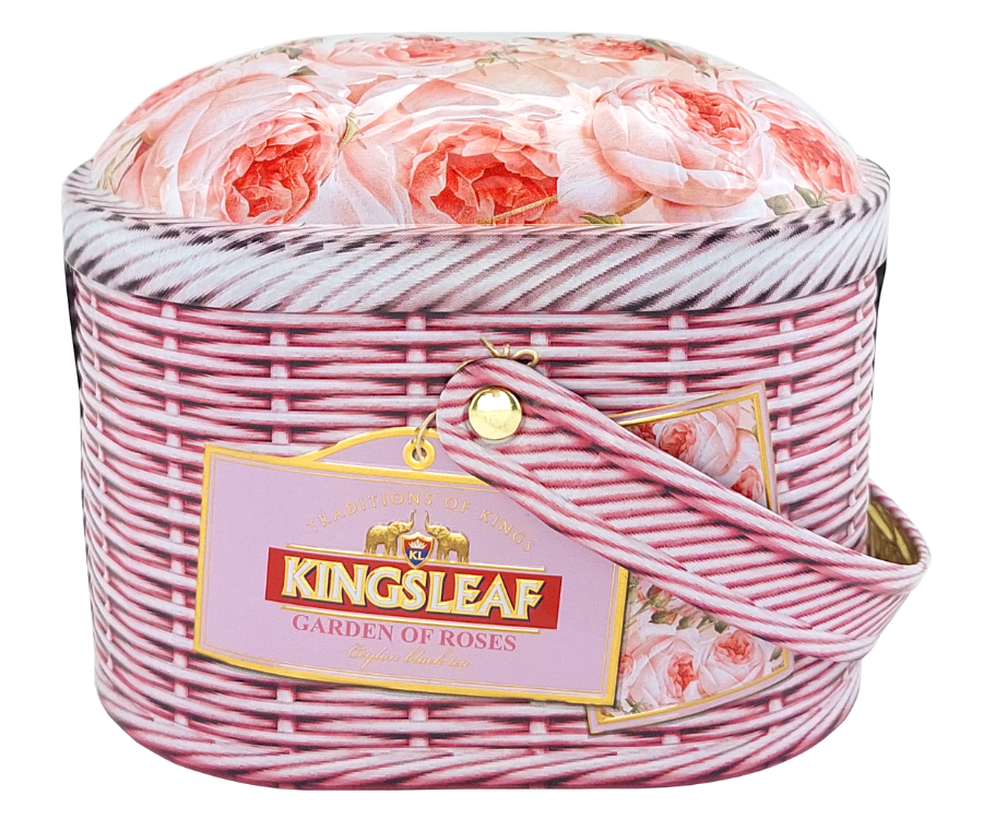 Kingsleaf Garden of Roses – czarna herbata cejlońska z dodatkiem kwiatów pomarańczy, płatków róży, kwiatów amarantusa oraz aromatu porannej róży. Kompozycja została umieszczona w zdobionej puszce, która kształtem przypomina koszyczek.