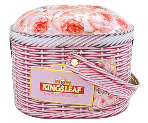Kingsleaf Garden of Roses – czarna herbata cejlońska z dodatkiem kwiatów pomarańczy, płatków róży, kwiatów amarantusa oraz aromatu porannej róży. Kompozycja została umieszczona w zdobionej puszce, która kształtem przypomina koszyczek.