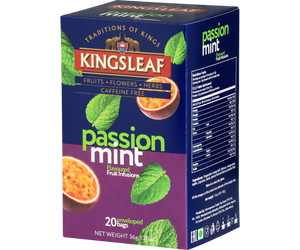 Kingsleaf Passion Mint - bezkofeinowa herbata z dodatkiem pomarańczy, mięty pieprzowej, hibiskusa, jabłka, lukrecji, stewii, marakui oraz aromatu marakui. Ozdobne pudełko skrywa w swoim wnętrzu 20 torebek zapakowanych pojedynczo w koperty.
