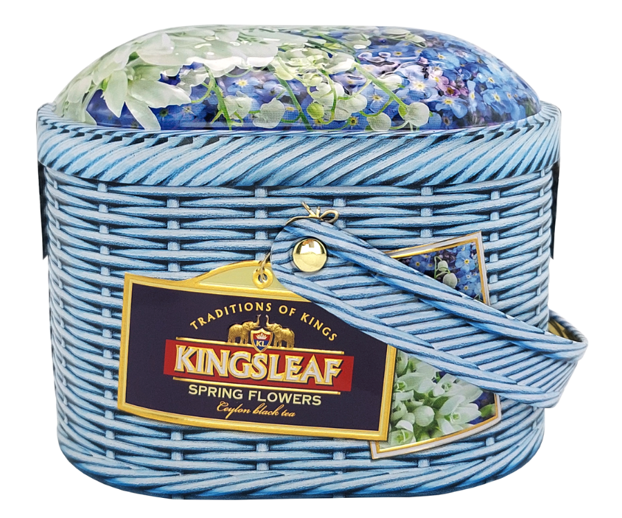 Kingsleaf Spring Flowers – czarna herbata cejlońska z dodatkiem niebieskiego chabru, białego chabru oraz aromatu malin, musującej gwiazdy, kwiatowego lasu deszczowego i róży. Kompozycja została umieszczona w zdobionej puszce, która kształtem przypomina koszyczek.