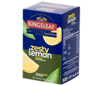 Kingsleaf Zesty Lemon – bezkofeinowa herbata z dodatkiem hibiskusa, jabłka, rumianku, cytryny, jeżyny, stewii, mięty pieprzowej oraz aromatu cytrynowego. Ozdobne pudełko skrywa w swoim wnętrzu 20 torebek zapakowanych pojedynczo w koperty.