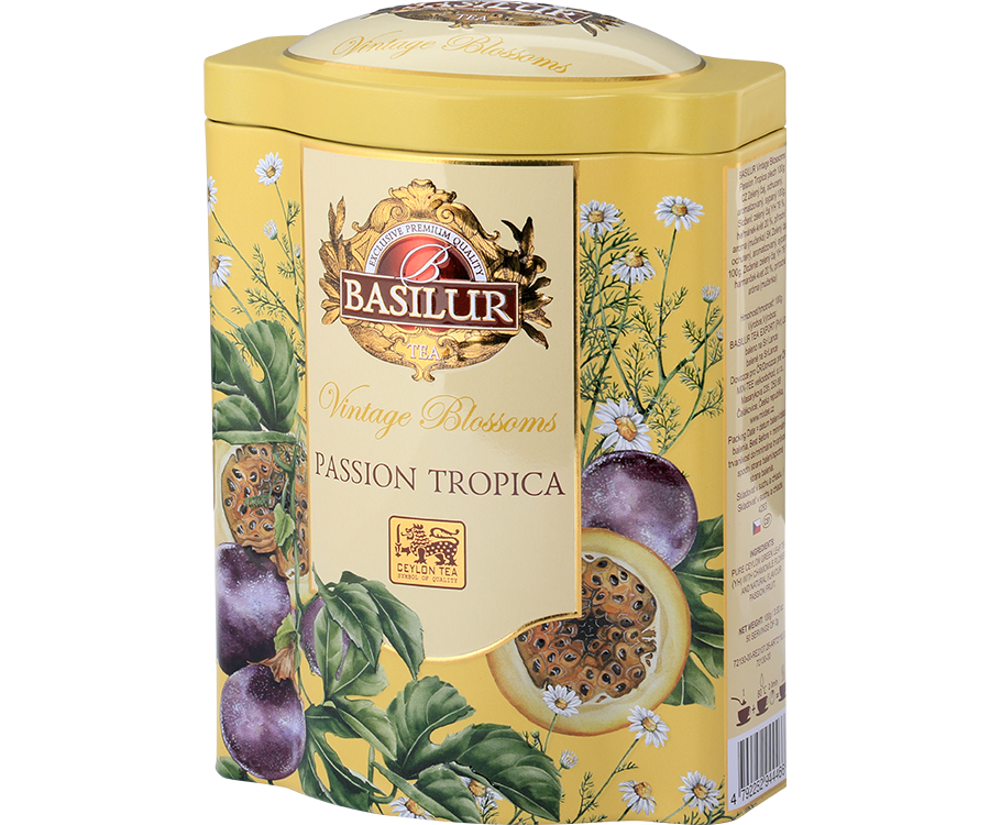 Basilur Passion Tropica - zielona, liściasta herbata cejlońska z rumiankiem i aromatem marakui. Ozdobna, żółta puszka z botanicznym motywem i logo Basilur.
