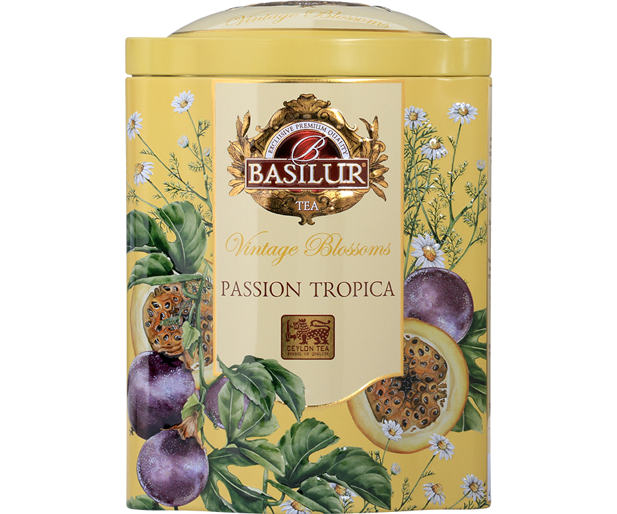 Basilur Passion Tropica - listki zielonej herbaty cejlońskiej Young Hyson z kwiatami rumianku i aromatem marakui.