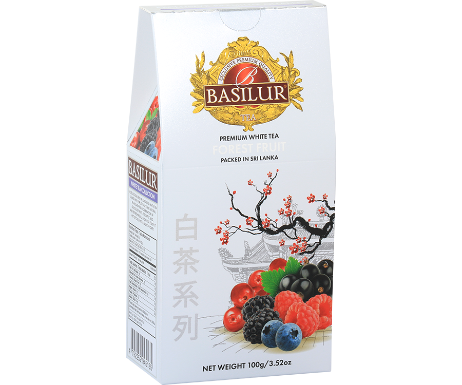 Basilur White Tea Forest Fruit - biała herbata cejlońska z dodatkiem owoców leśnych. Białe, ozdobne pudełko z motywem owoców i logo Basilur.