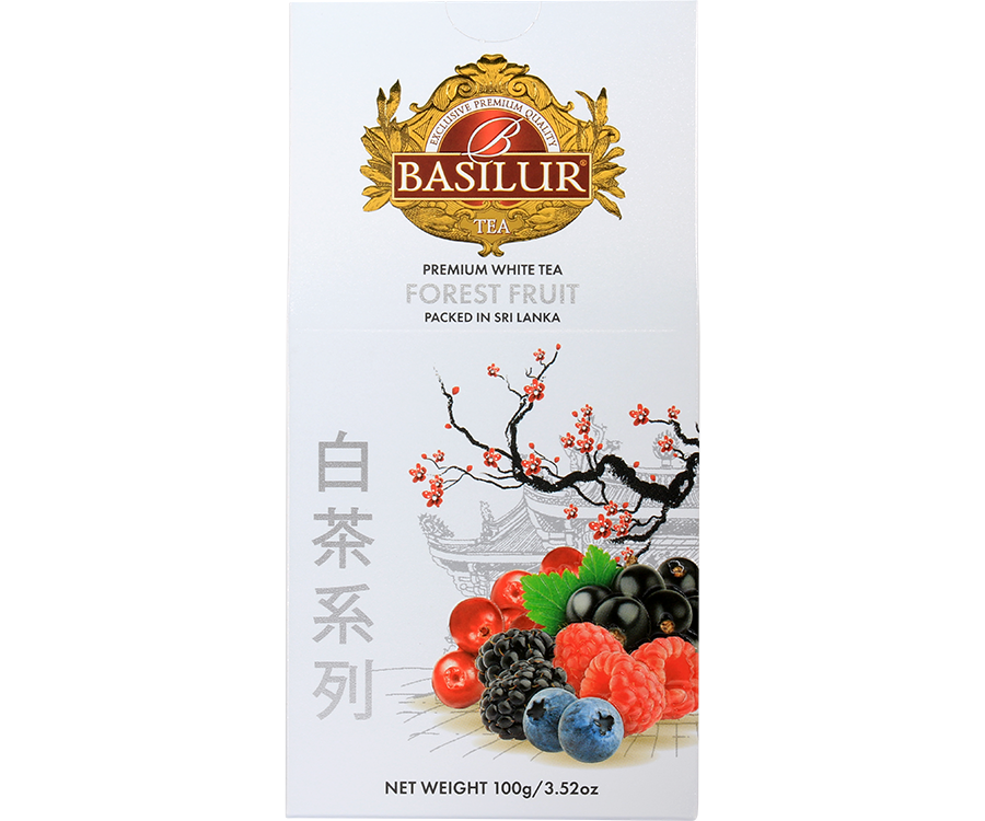 Basilur White Tea Forest Fruit - liście białej herbaty z dodatkiem owoców leśnych.