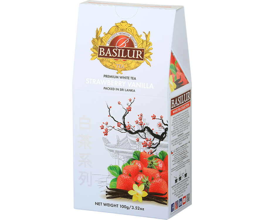 Basilur White Tea - Strawberry Vanilla - 100 g - biała herbata liściasta z truskawką, jaśminem, różą oraz naturalnym aromatem truskawki i wanilii.