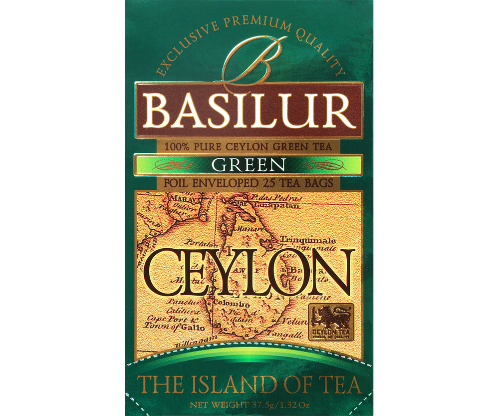 Basilur Green - zielona herbata cejlońska bez dodatków. Ozdobne opakowanie z grafiką mapy.