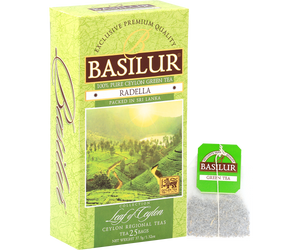 Basilur Radella Green - zielona wielkolistna herbata cejlońska bez dodatków pochodząca z regionu Radella na Sri Lance. Zielone pudełko z motywem plantacji.