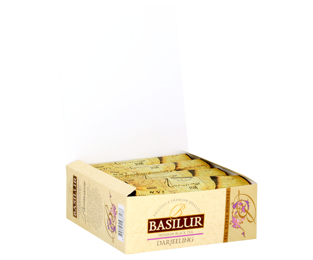 Bok pudełka herbaty Basilur Darjeeling premium czarna herbata naturalna
