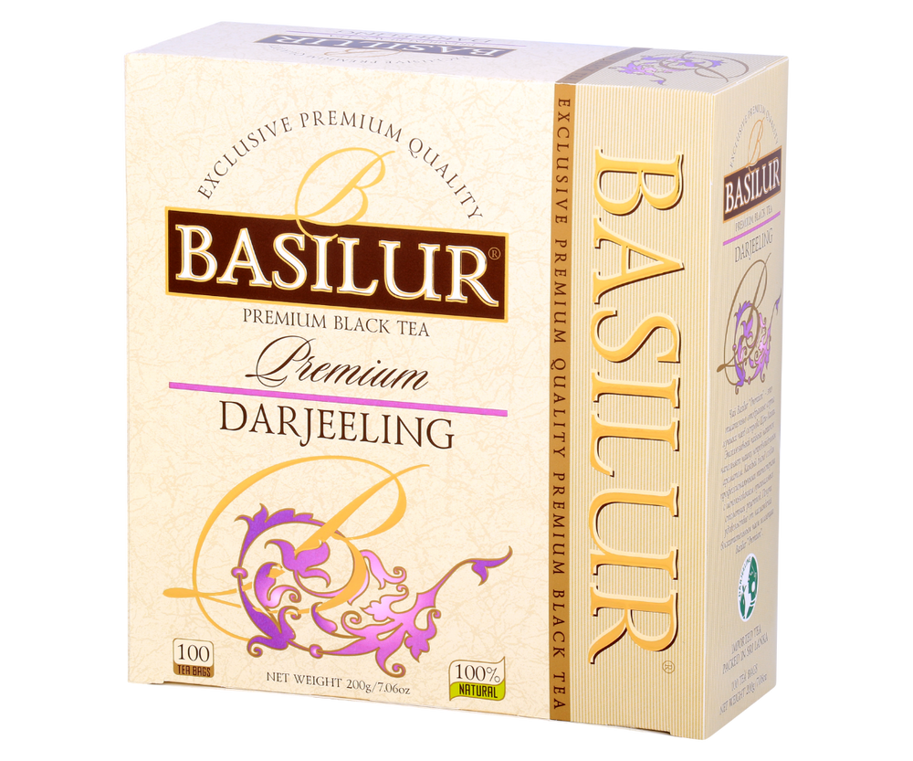 Otwarte pudełko Basilur Darjeeling z torebkami herbaty