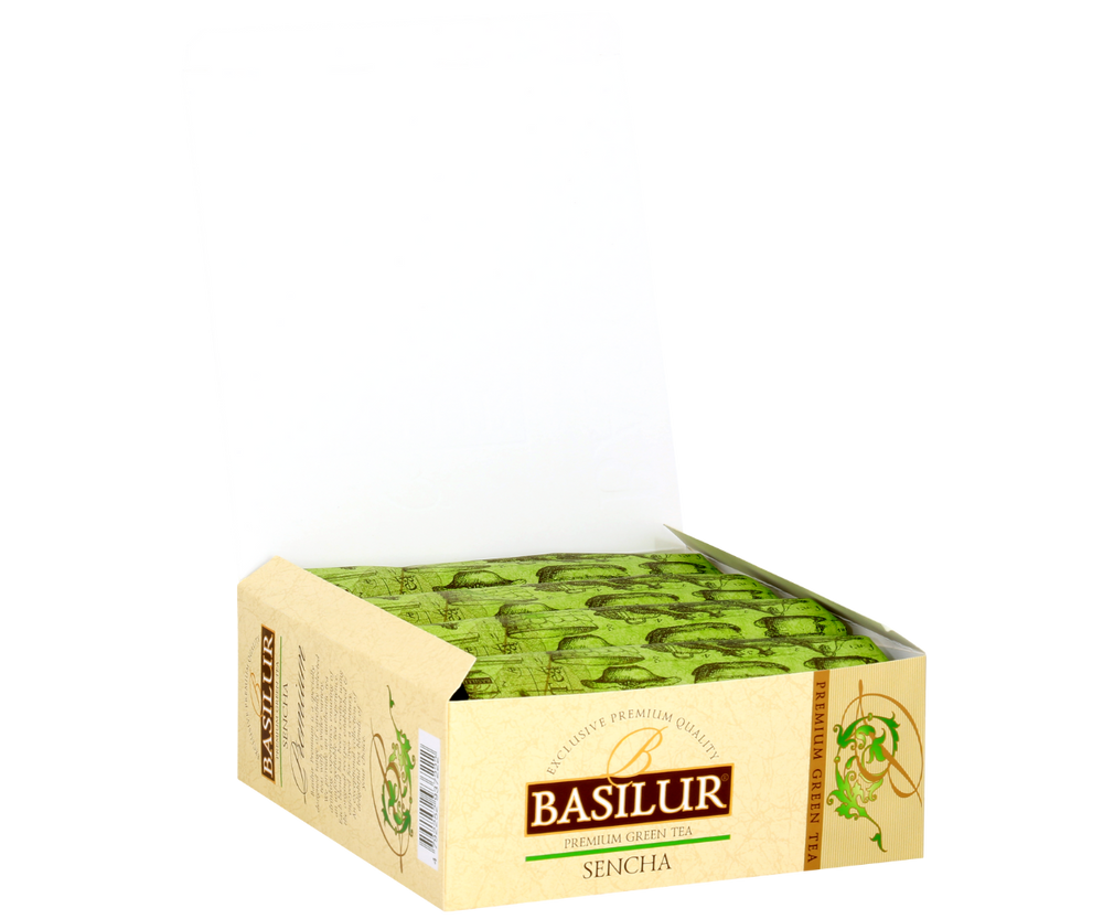 Bok opakowania Basilur Sencha zielona herbata naturalna 100 torebek
