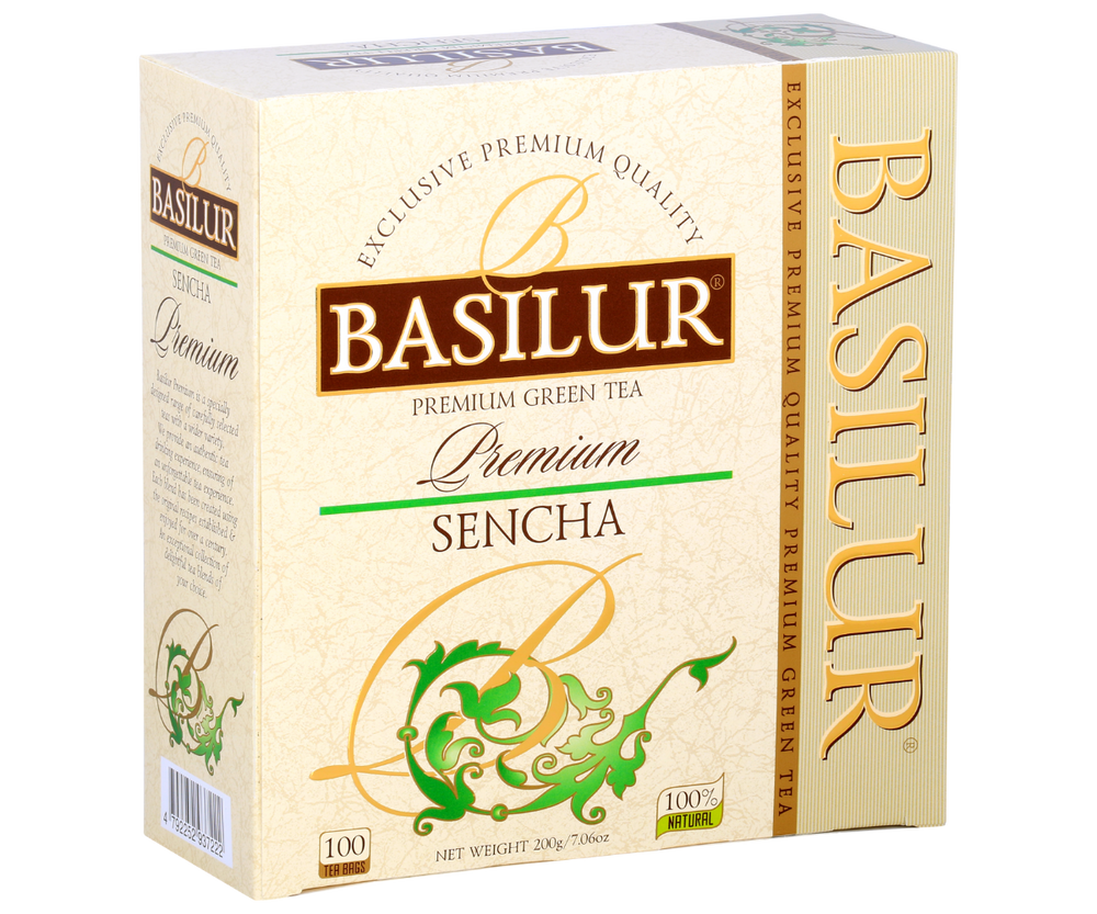 Otwarte pudełko z herbatą Basilur Sencha w torebkach, zielona herbata premium