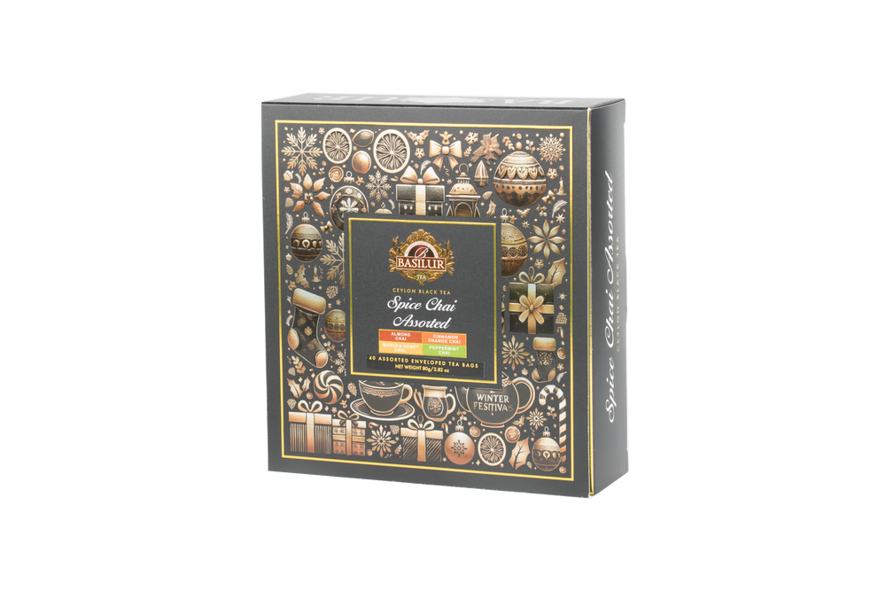 Zestaw Basilur Spice Chai Assorted – widok opakowania z przodu pod kątem.