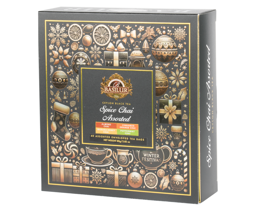 Zestaw Basilur Spice Chai Assorted – widok opakowania z przodu pod kątem.
