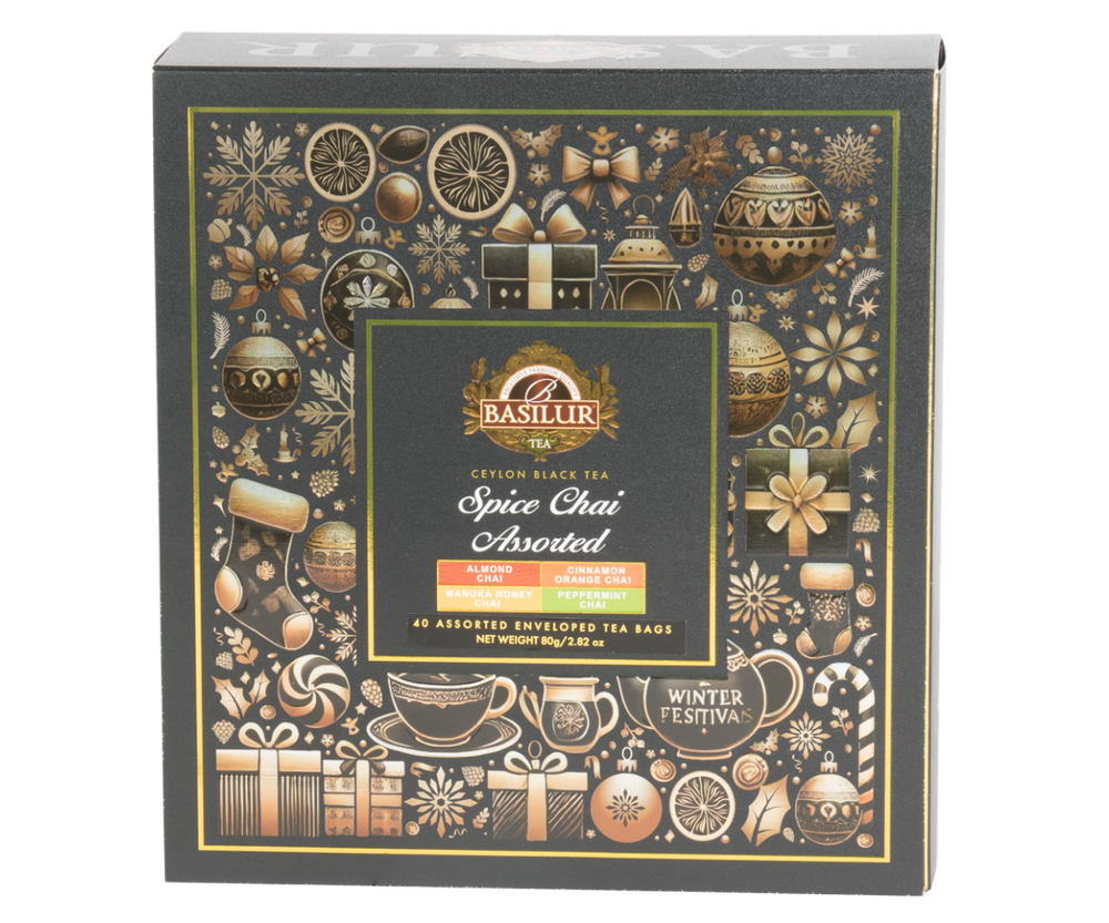 Zestaw herbat Basilur Spice Chai Assorted – eleganckie opakowanie świąteczne z 40 torebkami herbat czarnych.
