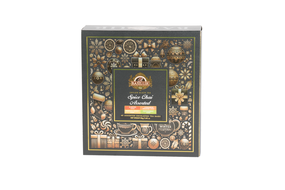 Zestaw herbat Basilur Spice Chai Assorted – eleganckie opakowanie świąteczne z 40 torebkami herbat czarnych.