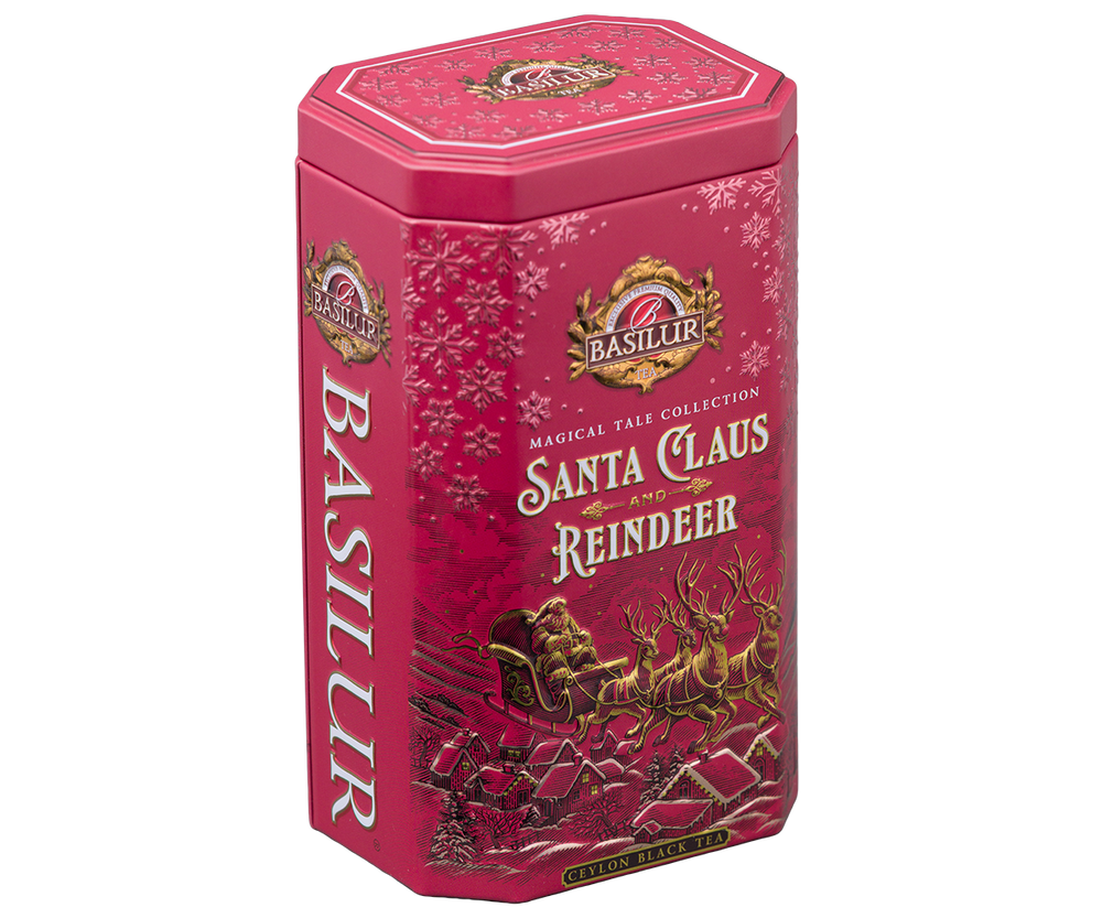 Świąteczna herbata Basilur Santa Claus and Reindeer w czerwonej puszce.