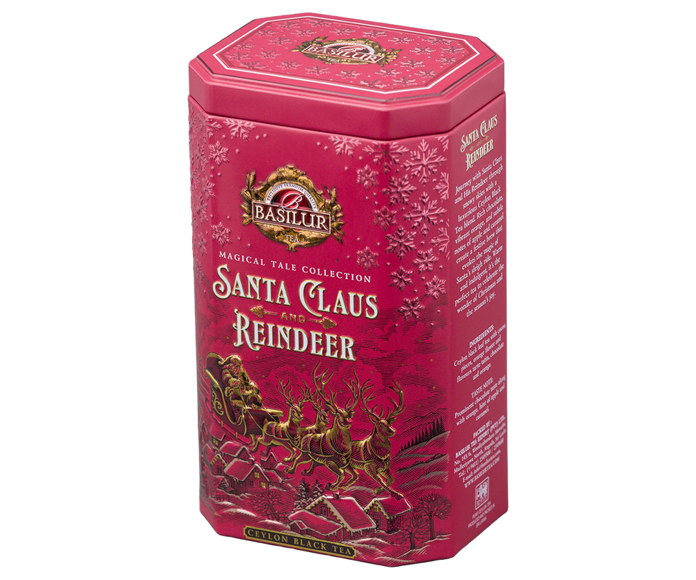 Świąteczna herbata Basilur Santa Claus and Reindeer w czerwonej puszce.