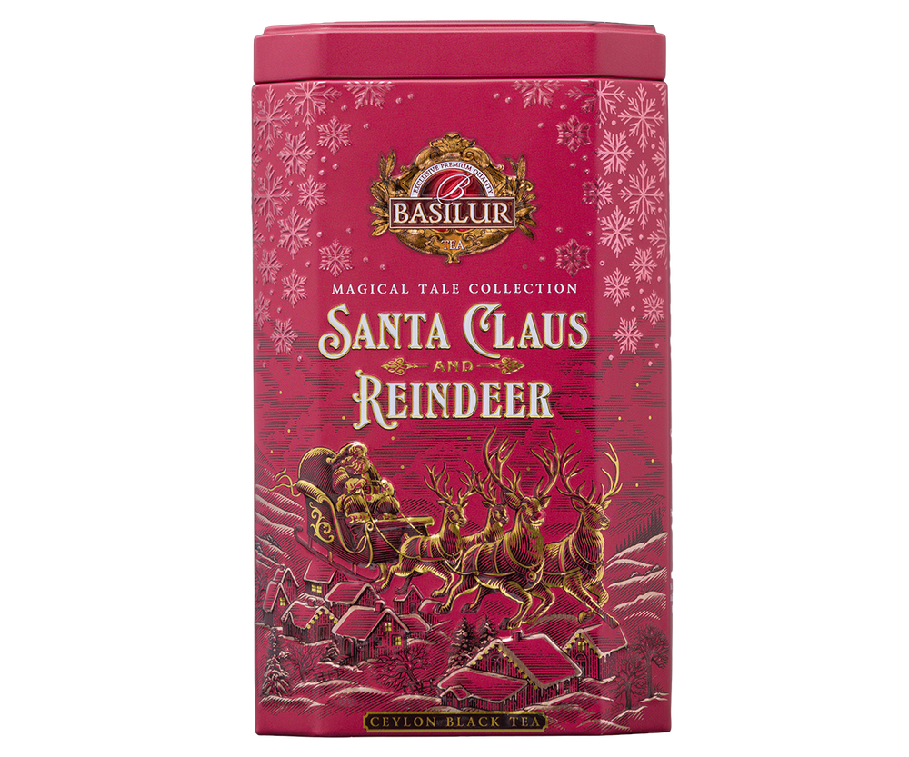 Świąteczna herbata Basilur Santa Claus and Reindeer w czerwonej puszce.