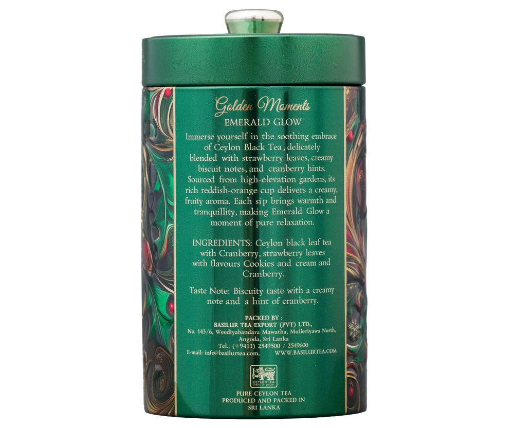 Tył puszki herbaty świątecznej Basilur Golden Moment Green