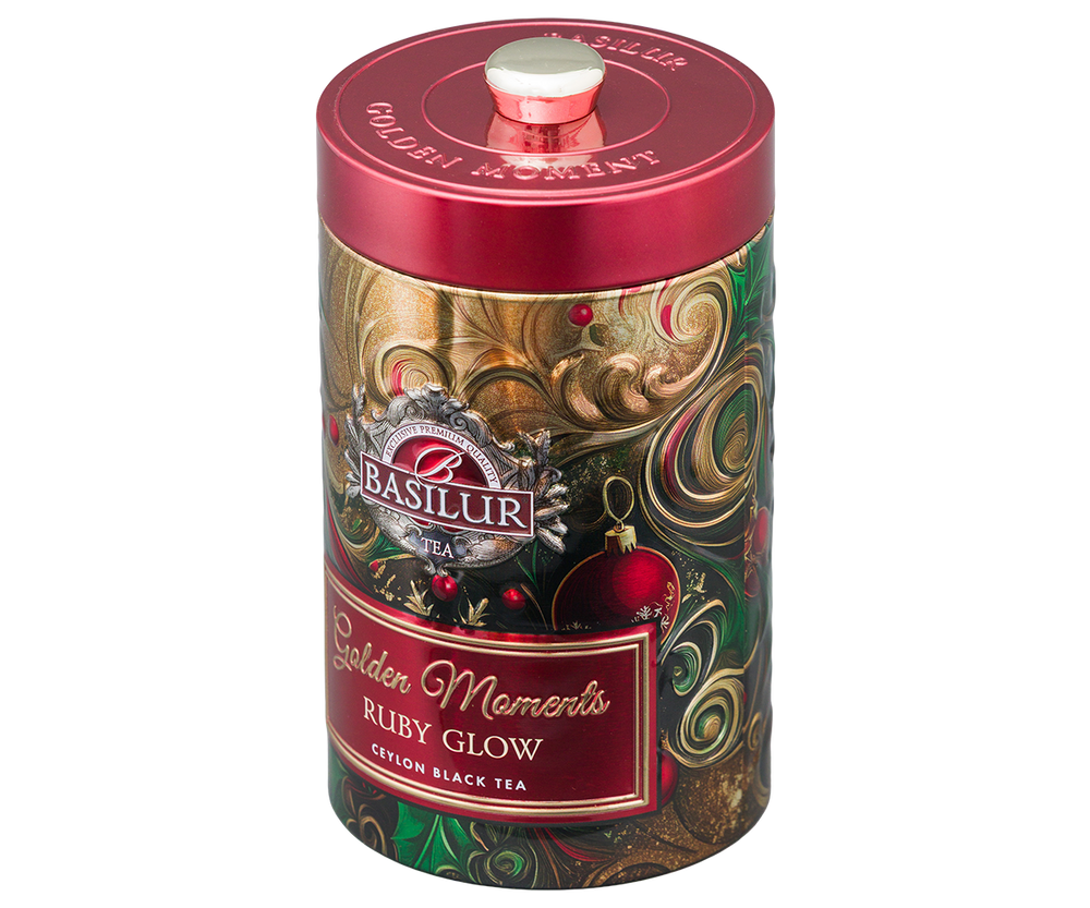 Stylowa puszka Basilur Golden Moments Ruby Glow – czarna herbata cejlońska.