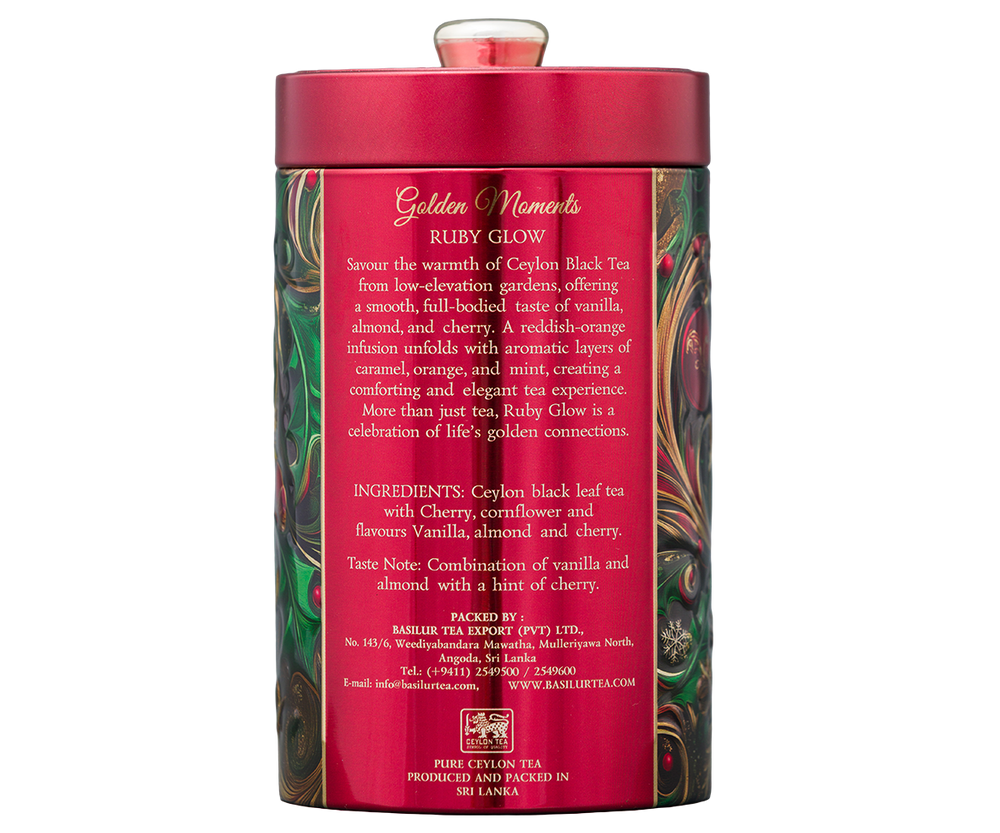 Tył puszki Basilur Golden Moments Ruby Glow z opisem herbaty i składem.