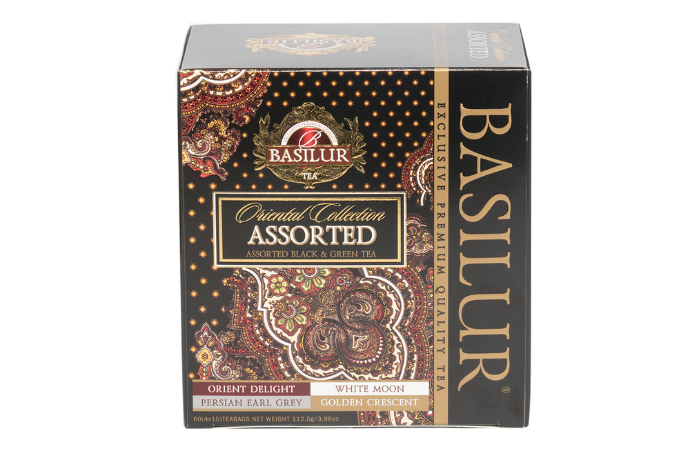 Zestaw herbat Basilur Oriental Collection w eleganckim czarno-złotym pudełku z orientalnym wzorem, 60 torebek.
