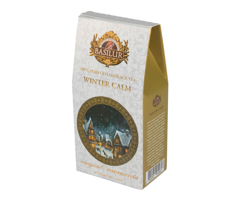 Czarna herbata cejlońska Basilur Winter Calm w ozdobnym zimowym pudełku.