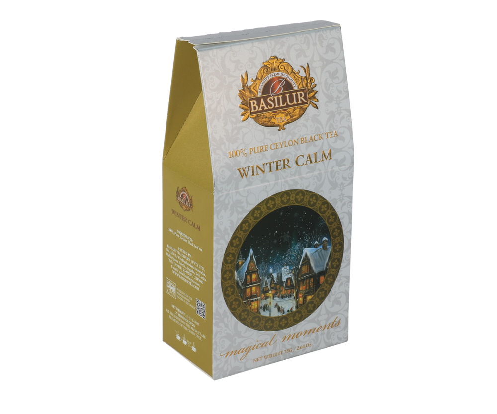 Czarna herbata cejlońska Basilur Winter Calm w ozdobnym zimowym pudełku.