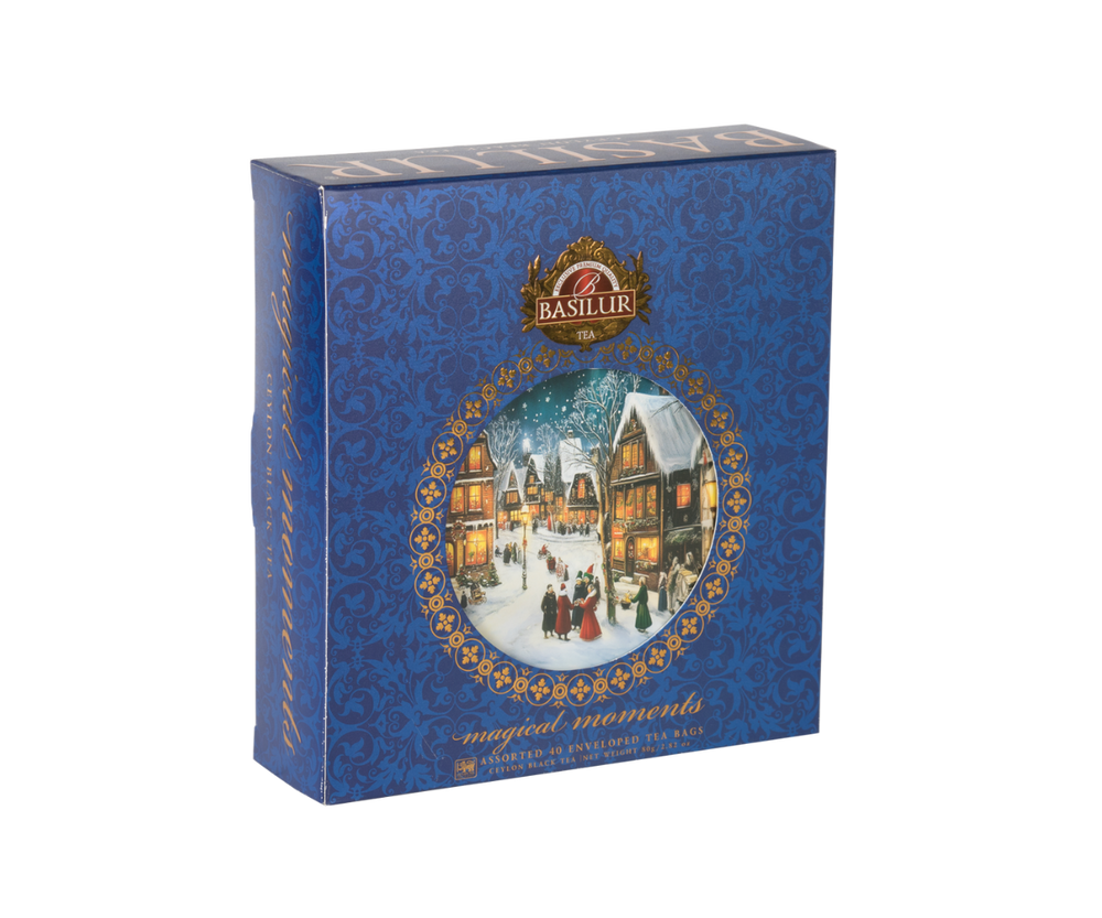 Zestaw herbat świątecznych Basiur w niebieskim pudełku.