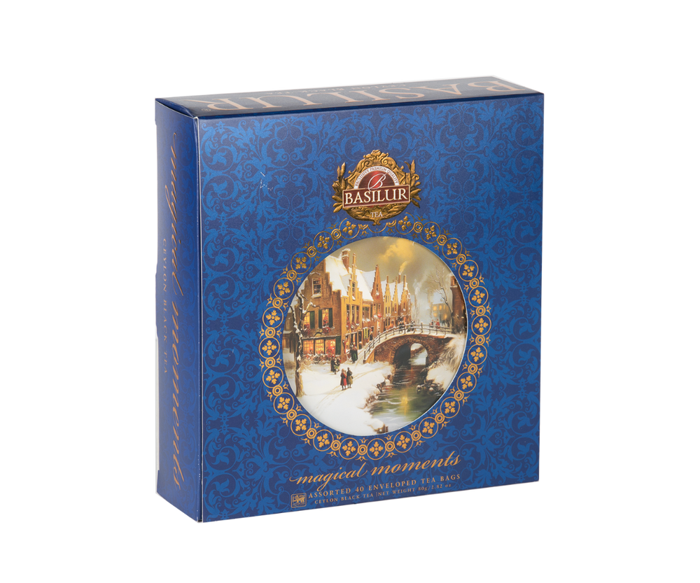 Świąteczny zestaw herbat Basilur w niebieskim pudełku z motywem zimy