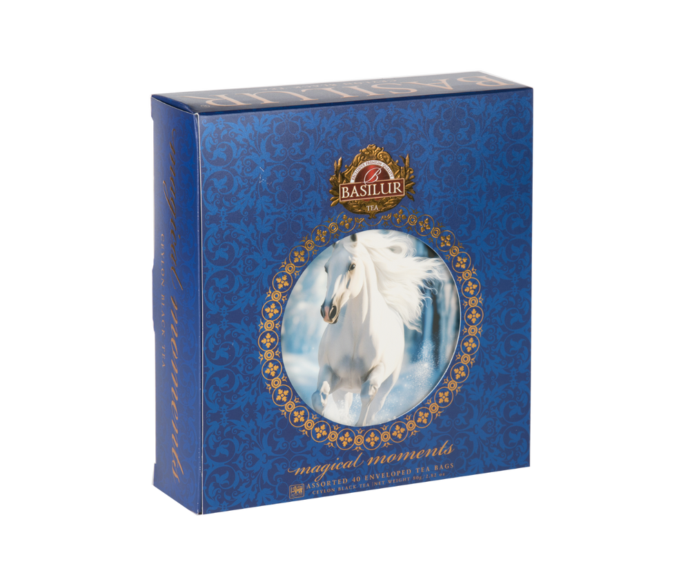 Ziowy zestaw herbat Basilur w niebieskim pudełku z motywem białego konia.