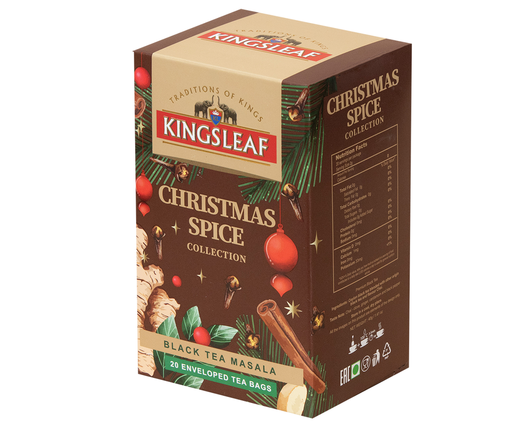 Czarna herbata świąteczna Kingsleaf Christmas Spice w brązowym pudełku