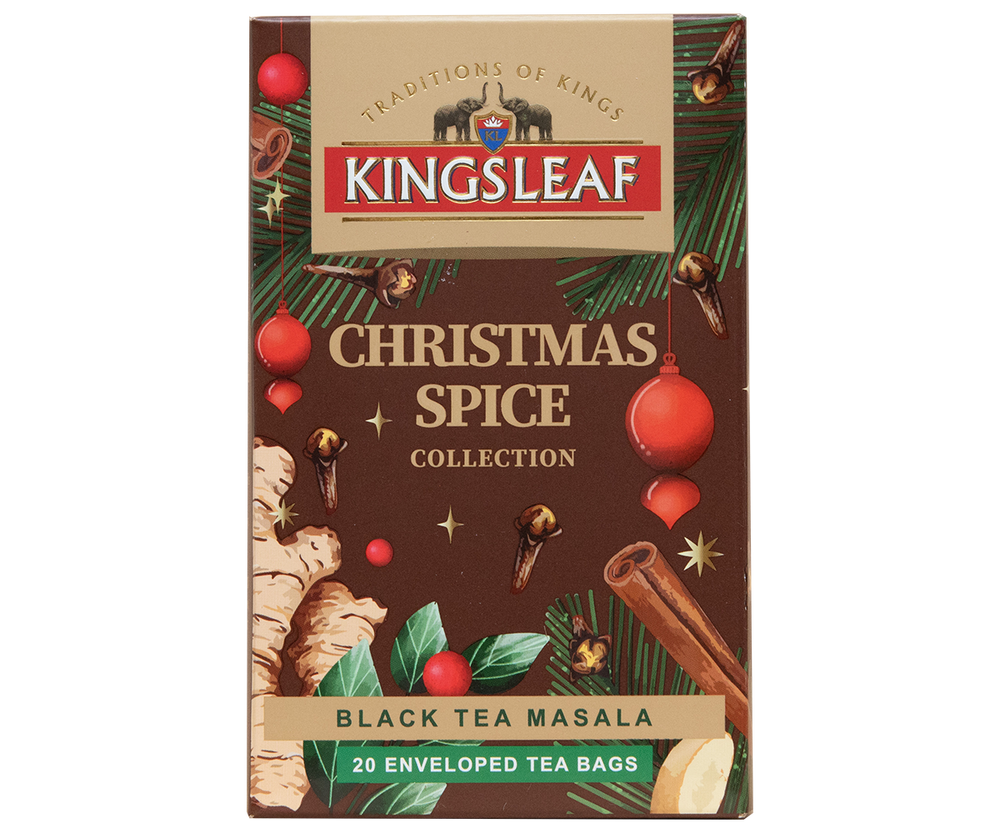 Czarna herbata świąteczna Kingsleaf Christmas Spice w brązowym pudełku